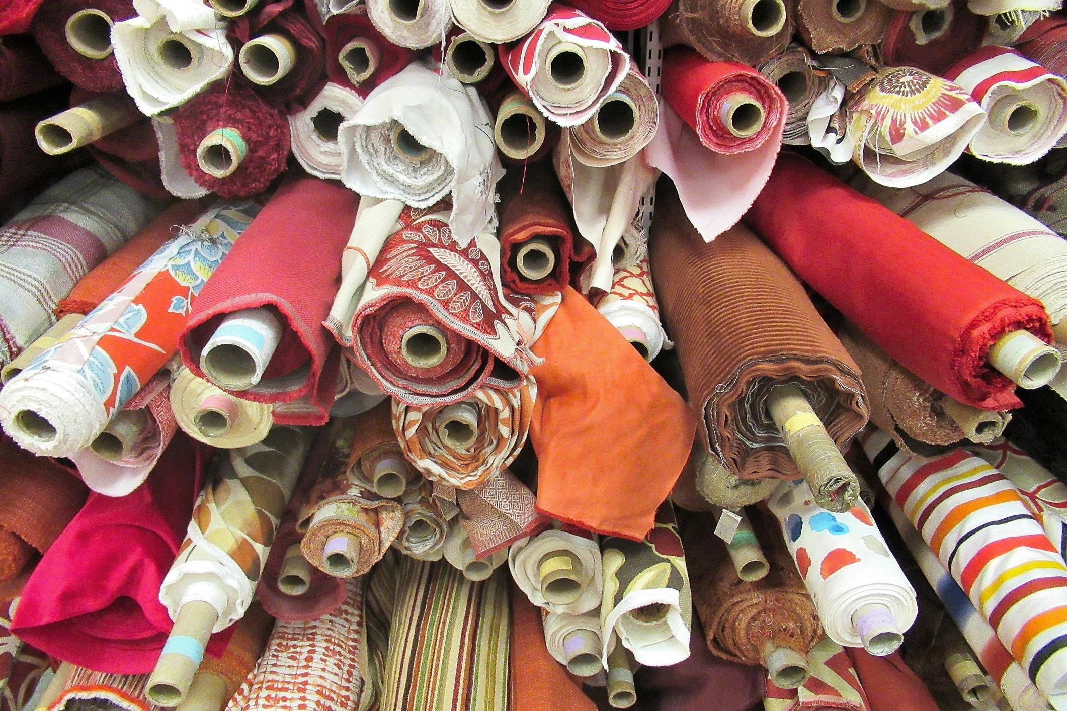 Colorful bolts of fabric for sewing and quilting
